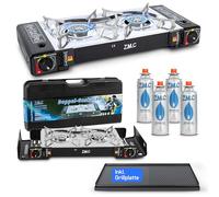 ZMC Réchaud à gaz de camping 2 flammes avec adaptateur pour connexion GPL + plaque de gril 45x24 cm + 4 cartouches de gaz 227g + mallette de rangement, réchaud de camping avec allumage piezo pour