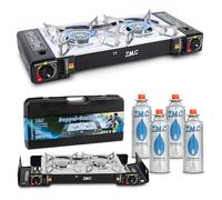 ZMC Réchaud à gaz de camping 2 flammes avec adaptateur pour connexion LPG + 4 cartouches de gaz 227g + Mallette de rangement, Puissance thermique : 2,5KW, Réchaud de camping avec allumage piezo pour