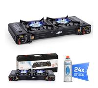 ZMC Réchaud à gaz de camping à 2 feux avec 24 cartouches de gaz de 227 g, 2,5 kW avec adaptateur pour raccord GPL + mallette de rangement Kit réchaud de camping avec allumage piézoélectrique, pour