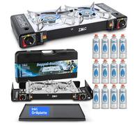 ZMC Réchaud à gaz de camping à 2 feux avec adaptateur pour raccord GPL + mallette de rangement, réchaud de camping avec cartouches de gaz de 227 g et plaque de cuisson au choix (réchaud à gaz + plaque