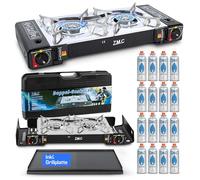 ZMC Réchaud à gaz de camping à 2 feux avec adaptateur pour raccordement GPL + plaque de cuisson 45 x 24 cm + 16 cartouches de gaz 227 g + mallette de rangement, réchaud de camping avec allumage