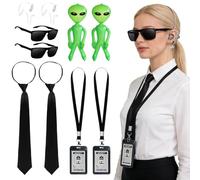 ZMCVOE Accessoires de costume pour homme en noir, ensemble d'accessoires de costume d'agent secret avec porte-carte d'identité, cravates noires, lunettes de soleil, écouteurs, accessoires noirs pour