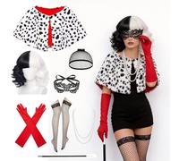 ZMCVOE Cruella Deville Lot de 7 costumes pour femme, avec perruque noire et blanche, cape, gants, collier, bonnet de perruque et masque en dentelle, bas en résille, accessoires CruellA pour cosplay
