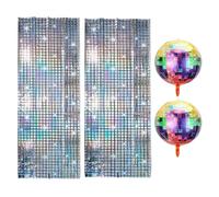ZMDMAH Lot de 2 rideaux métalliques à paillettes 1 x 2 m et boules disco 4D argentées pour décoration des années 80
