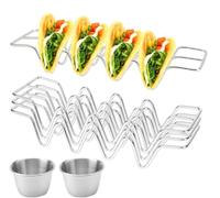 ZMDMAH Lot de 3 supports à tacos mexicains avec 2 gobelets à sauce de 70 ml - Support pour tacos en acier inoxydable - Support pour hotdog - Forme ondulée - Pour tenir des tacos pour les fêtes