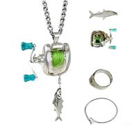 ZMdooreasy Ensemble collier et bague pour mini moulinet de pêche, pendentif en alliage avec chaîne de 60 cm, accessoire de mode réglable pour les pêcheurs, idéal pour les anniversaires et