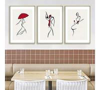 ZMFBHFBH Art mural abstrait moderne rouge abstrait dame danse fille parapluie rouge toile photo dessin au trait 30x40cm (12x16in) x3 encadrée avec cadre pour salon, chambre, bureau, hôtel, restaurant