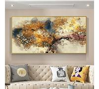 ZMFBHFBH Tronc d'arbre brun abstrait avec des feuilles dorées Affiche de peinture à l'huile sur toile et impression Grand tableau d'art mural sur toile pour salon 50x103cm (20x41in) avec cadre