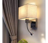 ZMH Applique LED Lampe de lecture Abat-jour en tissu Applique murale avec interrupteur et bras de lecture flexible pivotant Blanc E27 avec interrupteur Lampe de lecture Lampe de lit pour hôtel Chambre