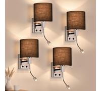 ZMH Applique murale intérieure 4ER pour chambre à coucher - Spot noir avec | abat-jour en tissu, LED, lampe de lecture rotative à 360°, culot E27, forme ronde, style hôtel, avec interrupteur pour