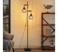 ZMH Lampadaire Salon Noir Lampadaire Bois Métal Industriel E27 Vintage Lampe à poser 2 flammes avec abat-jour Cage Rétro 152cm