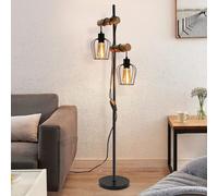 ZMH Lampadaire Vintage Salon 2 flammes en bois Lampadaire rétro design industriel en métal et bois noir E27 - ampoules non comprises