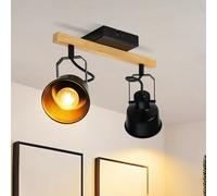 ZMH Spot de plafond 2 flammes Noir Plafonnier Vintage Orientable 350° MAX.25W E14 Douille Industrielle Veinure du bois Barre de Spot pour Salon Chambre Bureau (sans ampoules)