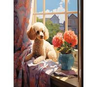 ZMHZMY Peinture par Numéros pour Adulte,Caniche devant la fenêtre,DIY Peinture Acrylique pour Adultes débutants Facile sur Toile 40x50cm avec peintures et pinceaux