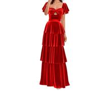 ZMKI381 Robe de demoiselle d'honneur à manches courtes en velours plissé Robe de bal de soirée formelle, Rouge, 38
