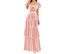 ZMKI381 Robe de demoiselle d'honneur à manches courtes en velours plissé Robe de bal de soirée formelle, rose, 38