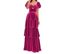 ZMKI381 Robe de demoiselle d'honneur à manches courtes en velours plissé Robe de bal de soirée formelle, fuchsia, 38