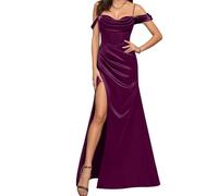 ZMKI432 Robe de demoiselle d'honneur de princesse à bretelles spaghetti en satin pour soirée formelle robe maxi à épaules dénudées, prune, 42