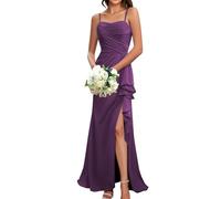 ZMKI438 Robe de demoiselle d'honneur de princesse à bretelles spaghetti Robe de bal en mousseline de soie Robe de soirée formelle avec fente, prune, 42