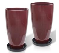 ZMTECH Ensemble de 2 jardinières extérieures de 53 cm de hauteur, pots de fleurs ronds grands pour intérieur/extérieur avec étagère intégrée, finition brillante rouge vin - Grands pots en plastique