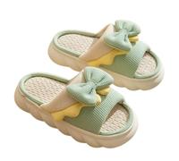 ZNEL Chaussons en Lin avec NœU.S Mignons Claquettes Femme Fille Motif Dessin Animé Pantoufles Semelle épaisse en Mousse à Mémoire De Forme Chaussures Antidérapantes(38/39 EU, Green)