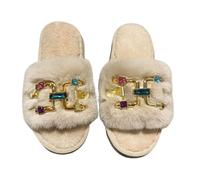 ZNEL Claquettes pour Femme Fourrure Moelleuse Bout Ouvert Chaussons avec Strass Multicolores Doux, Plats Et Confortables Pantoufles Antidérapants Tongs De Spa(38/39 EU, Camel)