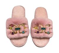 ZNEL Claquettes pour Femme Fourrure Moelleuse Bout Ouvert Chaussons avec Strass Multicolores Doux, Plats Et Confortables Pantoufles Antidérapants Tongs De Spa(36/37 EU, Pink)