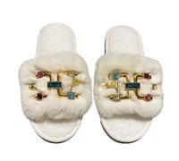 ZNEL Claquettes pour Femme Fourrure Moelleuse Bout Ouvert Chaussons avec Strass Multicolores Doux, Plats Et Confortables Pantoufles Antidérapants Tongs De Spa(38/39 EU, White)