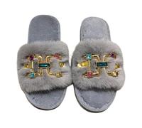 ZNEL Claquettes pour Femme Fourrure Moelleuse Bout Ouvert Chaussons avec Strass Multicolores Doux, Plats Et Confortables Pantoufles Antidérapants Tongs De Spa(38/39 EU, Gray)
