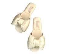 ZNEL Femme Pantoufles Strass Et Nœud Papillon Chaussons Plats en Satin Bout Ouvert Couleur Unie Tongs De Mariée Claquettes Cousues Main(38/39 EU, Offwhite)