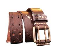 ZNEL Homme Femme 2 Trous Ceinture Cousue Robuste Sangle en Cuir Pleine Fleur Vintage Vieilli Boucle à Double Ardillon(110cm/waist:37", Coffee)