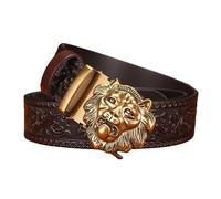 ZNEL Hommes Ceinture à Cliquet Avec Tête De Lion D'animal 3D Décorative Boucle Automatique Sangle De Taille Embossée Remplaçable Ajustable(115cm/45, A-Brown)