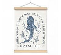 ZNGFON Décoration murale chrétienne à la mode requin baleine 30,5 x 40,6 cm, When You Go Through Deep Waters I Will Be With You Isaiah 43:2 avec cadre en bois, verset de la Bible bleu à suspendre