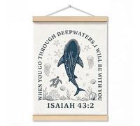 ZNGFON Décoration murale chrétienne à la mode requin baleine 30,5 x 40,6 cm, When You Go Through Deep Waters I Will Be With You Isaiah 43:2 avec cadre en bois, verset de la Bible bleu à suspendre