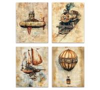 ZNGFON Lot de 4 décorations murales vintage steampunk victorien pour maison, bureau, chambre, bateau, train, montgolfière
