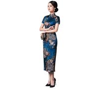 ZNLFS Robe chinoise traditionnelle pour femmes Cheongsam à fente latérale, coupe ajustée, robe mi-longue à col mandarin, manches courtes Qipao, noir foncé, 50