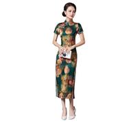 ZNLFS Robe chinoise traditionnelle pour femmes Cheongsam à fente latérale, coupe ajustée, robe mi-longue à col mandarin, manches courtes Qipao, Vert, 38