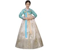 ZNLFS Robe Hanbok traditionnelle coréenne à manches longues pour femme - Costume de danse de palais avec détails floraux brodés (UK, Alpha, M, régulier, vert avec jaune)
