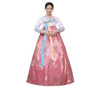 ZNLFS Robe Hanbok traditionnelle coréenne à manches longues pour femme - Costume de danse de palais avec détails floraux brodés (UK, Alpha, S, régulier, blanc avec rose)