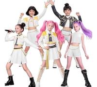 ZNLVZSH Dem Hunt Golden Costume Rumii Miira Zoeyy Pour Filles Enfants, Déguisements Huntrs Anime Cosplay Halloween Party Pop Stage Carnaval Tenues Avec 70 Autocollants Anime (White-A,120)
