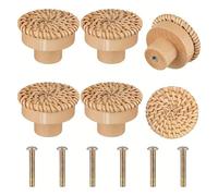 ZNTIHZ Boutons de commode en rotin 4/6/12 pièces, boutons tiroir ronds bois avec tissage osier fait à la main et vis for meubles, armoires Pour Décoration D'intérieur,Placard(6pcs)