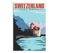 znwrr Plaque en métal Suisse Lac Léman Château de Chillon Vintage Voyage Plaque en métal Vintage Décor rustique Cave Café Bar Chambre Maison 20x30cm