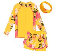 ZNYUNE Fille Maillot de Bain Anti-UV Imprimé 2 Pièces Haut Manches Longues + Pantalon Enfant Rash Guard UPF50+ Protection Solaire S421 Jaune 8A
