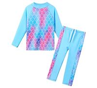 ZNYUNE Fille Maillot de Bain Anti-UV Imprimé 2 Pièces Haut Manches Longues + Pantalon Enfant Rash Guard UPF50+ Protection Solaire Burqini Musulman Islamique 361 Sirène-Bleu 10A