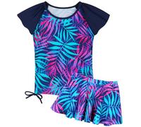 ZNYUNE Maillot de Bain Deux Pièces Imprimé Séchage Rapide pour Filles Maillots de Bain à Manches Courtes à Volants 2-14 Ans S520 NavyLeaves 4A
