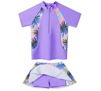 ZNYUNE Maillot de Bain Deux Pièces Imprimé Séchage Rapide pour Filles Maillots de Bain à Manches Courtes à Volants 2-14 Ans S497 PurpleLeaves 6A