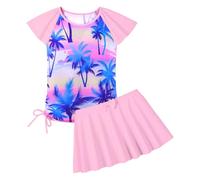 ZNYUNE Maillot de Bain Deux Pièces Imprimé Séchage Rapide pour Filles Maillots de Bain à Manches Courtes à Volants 2-14 Ans S481 PinkCocoTree 10A