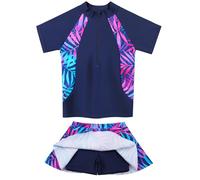 ZNYUNE Maillot de Bain Deux Pièces Imprimé Séchage Rapide pour Filles Maillots de Bain à Manches Courtes à Volants 2-14 Ans S497 NavyLeaves 12A