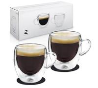 Zobel Lot de 2 tasses à café à double paroi en verre borosilicate avec dessous de verre en feutre - Passe au lave-vaisselle et résistant à la chaleur - Tasses à cappuccino - 200 ml