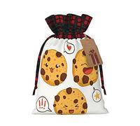 ZOBOTA Lot de 3 sachets réutilisables pour biscuits aux pépites de chocolat avec différentes expressions imprimées avec cordon de serrage, sacs à bonbons, sacs d'emballage en tissu, sacs cadeaux de fête de vacances